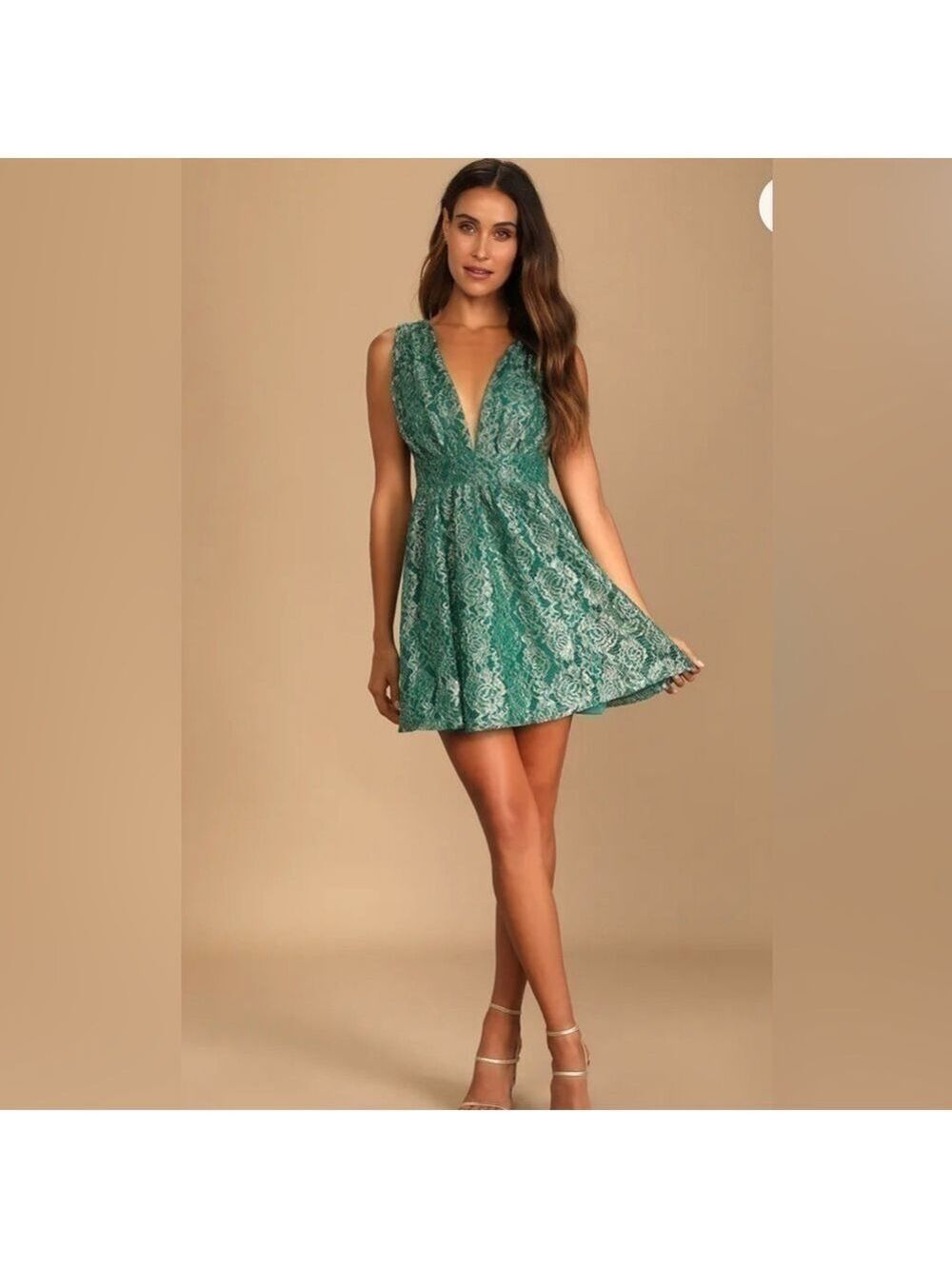 Lulus Tawny Green Metallic Skater Dress Floral Lace Deep V-Neck Size Small NWT